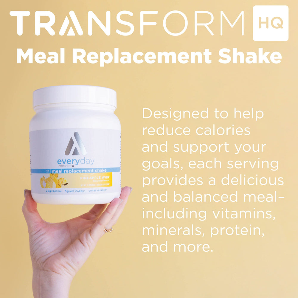 TransformHQ serving plates with vanilla drink illustrate convenient meal replacement option.
