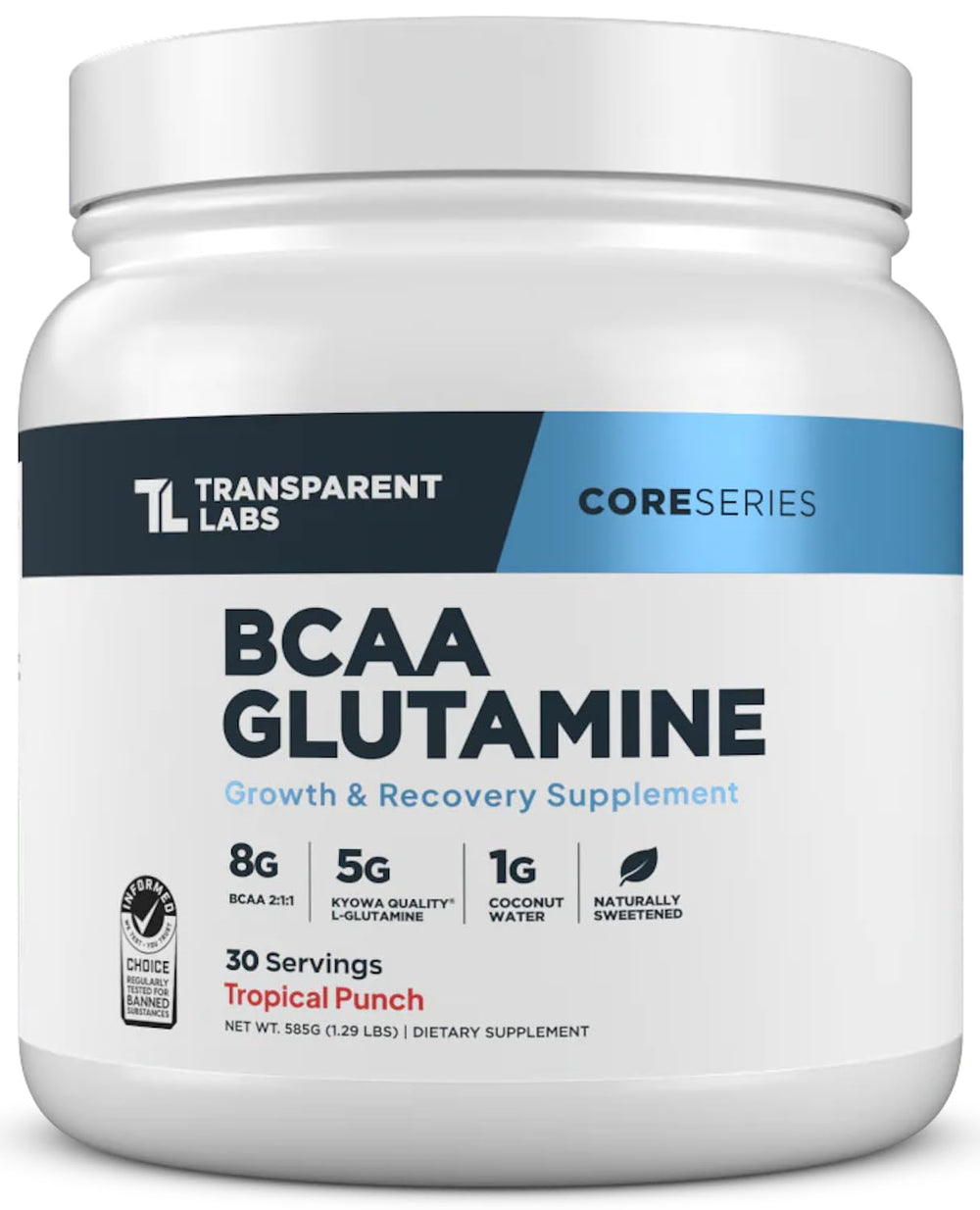 Transparent Labs BCAA Glutamine bottle shows a clean label for recovery.