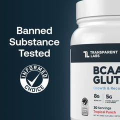 Transparent Labs BCAA Glutamine label closeup highlighting 8000 mg BCAAs and clean ingredients