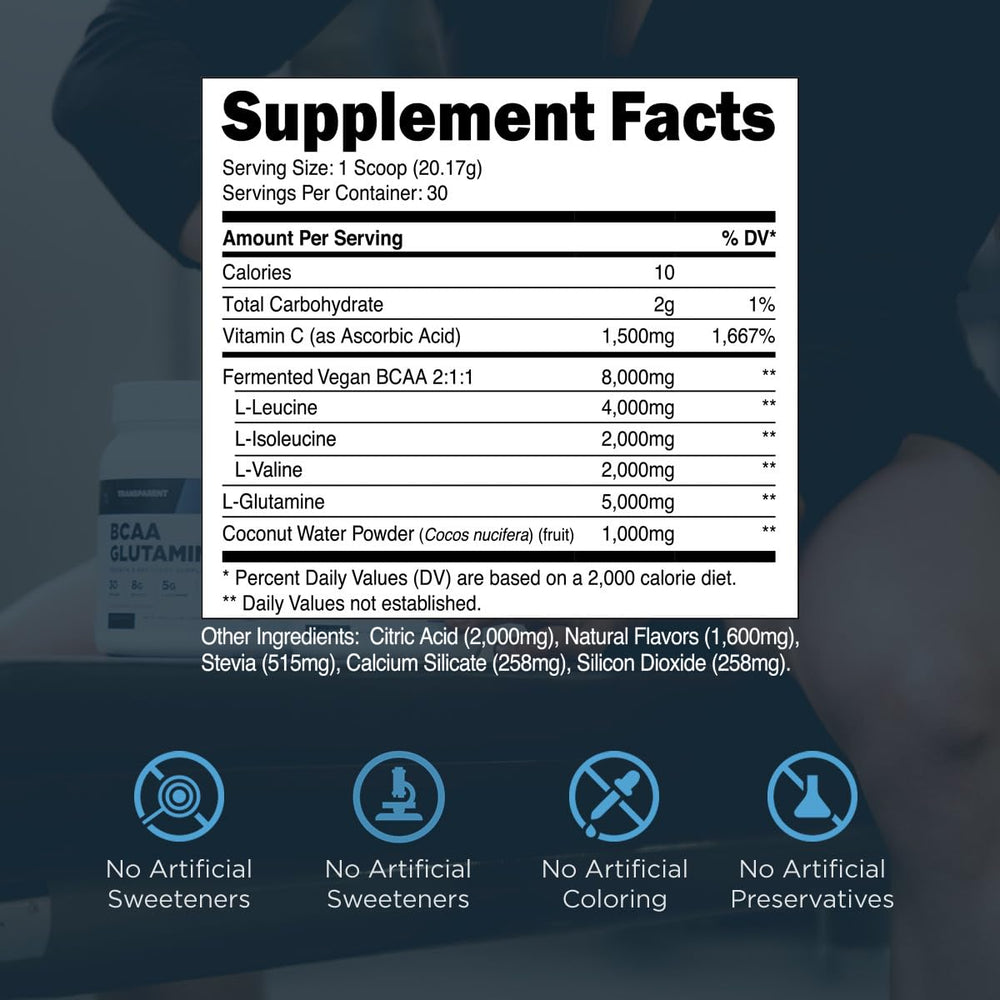 Transparent Labs BCAA Glutamine powder jar emphasizing vegan gluten-free formulation