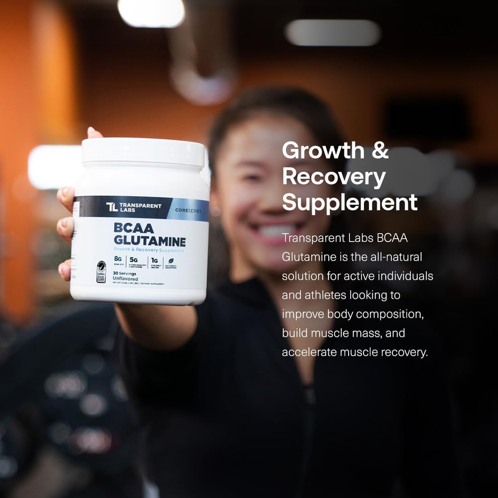 Transparent Labs BCAA Glutamine tropical punch label emphasizes refreshing taste.