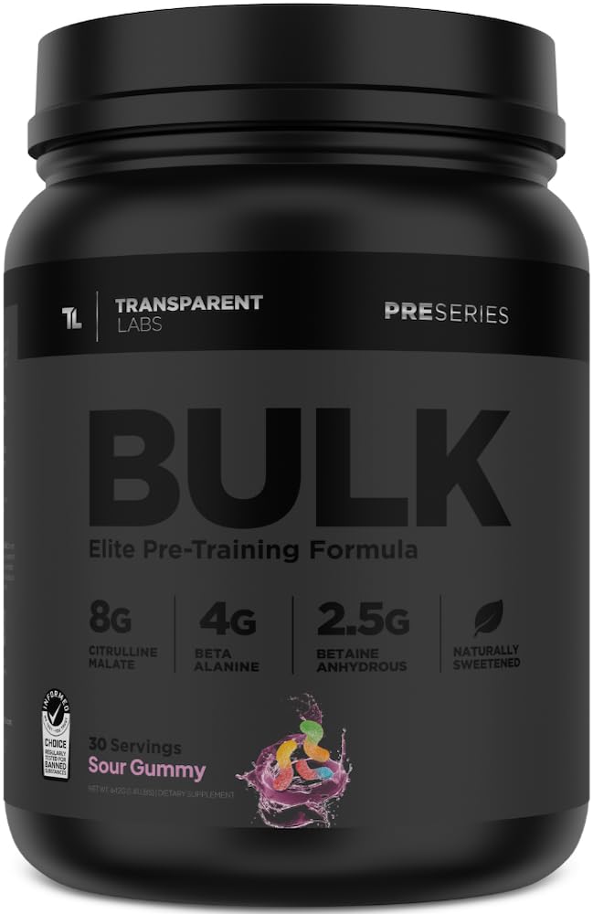Transparent Labs Bulk Black bottle front with Sour Gummy flavor for pre-workout energy.