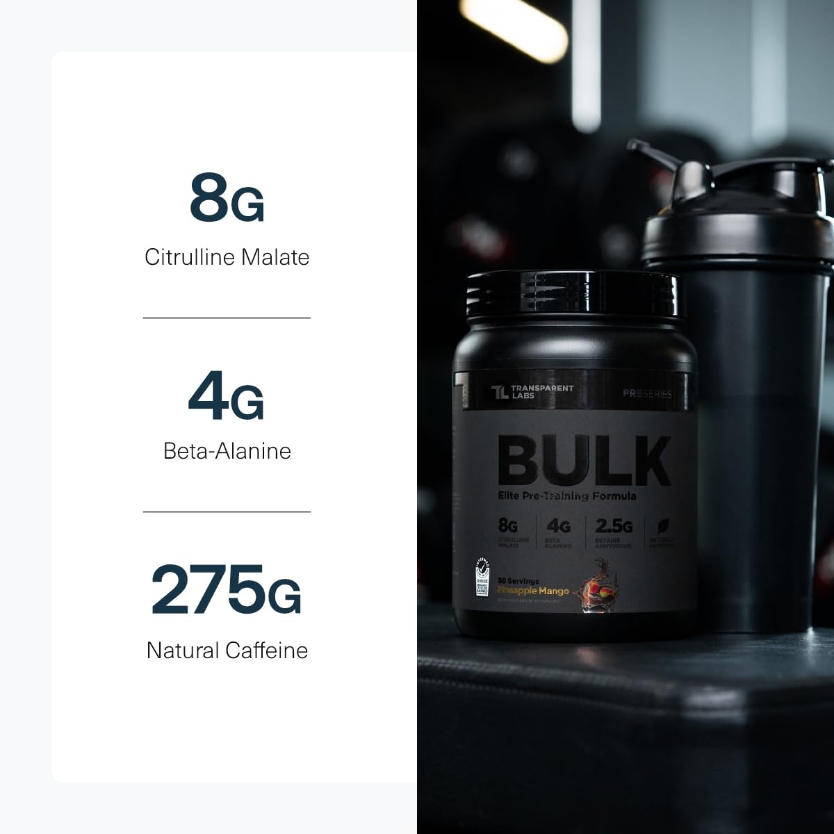Transparent Labs Bulk Black pre-workout powder dissolves smoothly in water.