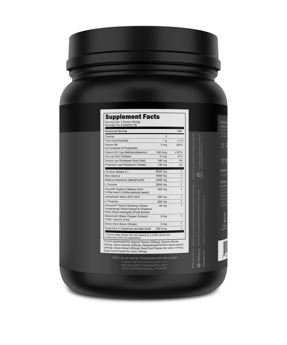 Transparent Labs Bulk Black pre-workout container displays 30 servings.