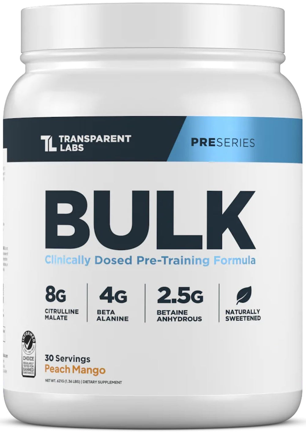 Transparent Labs Bulk Pre-Workout canister peach mango flavor energizes workouts
