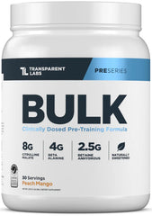 Transparent Labs Bulk Pre-Workout canister peach mango flavor energizes workouts