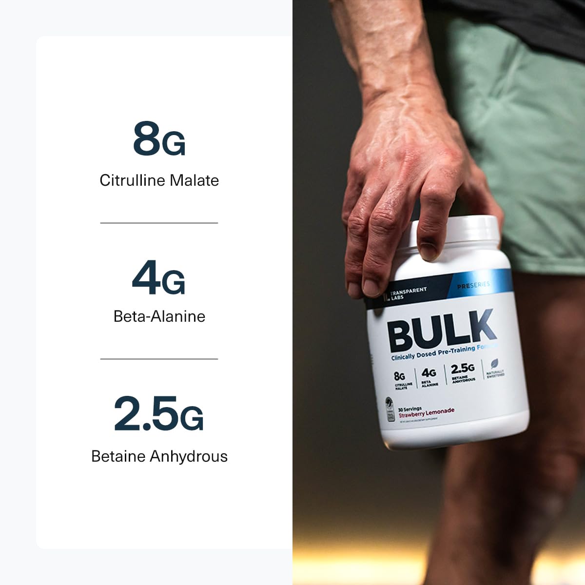 Transparent Labs Bulk Pre-Workout label shows transparent ingredient amounts
