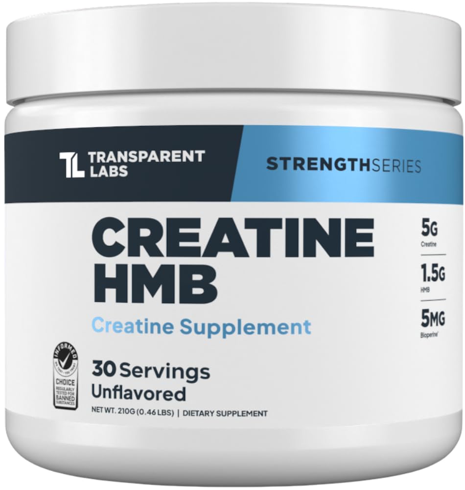 Transparent Labs Creatine HMB bottle front promoting strength and lean gains