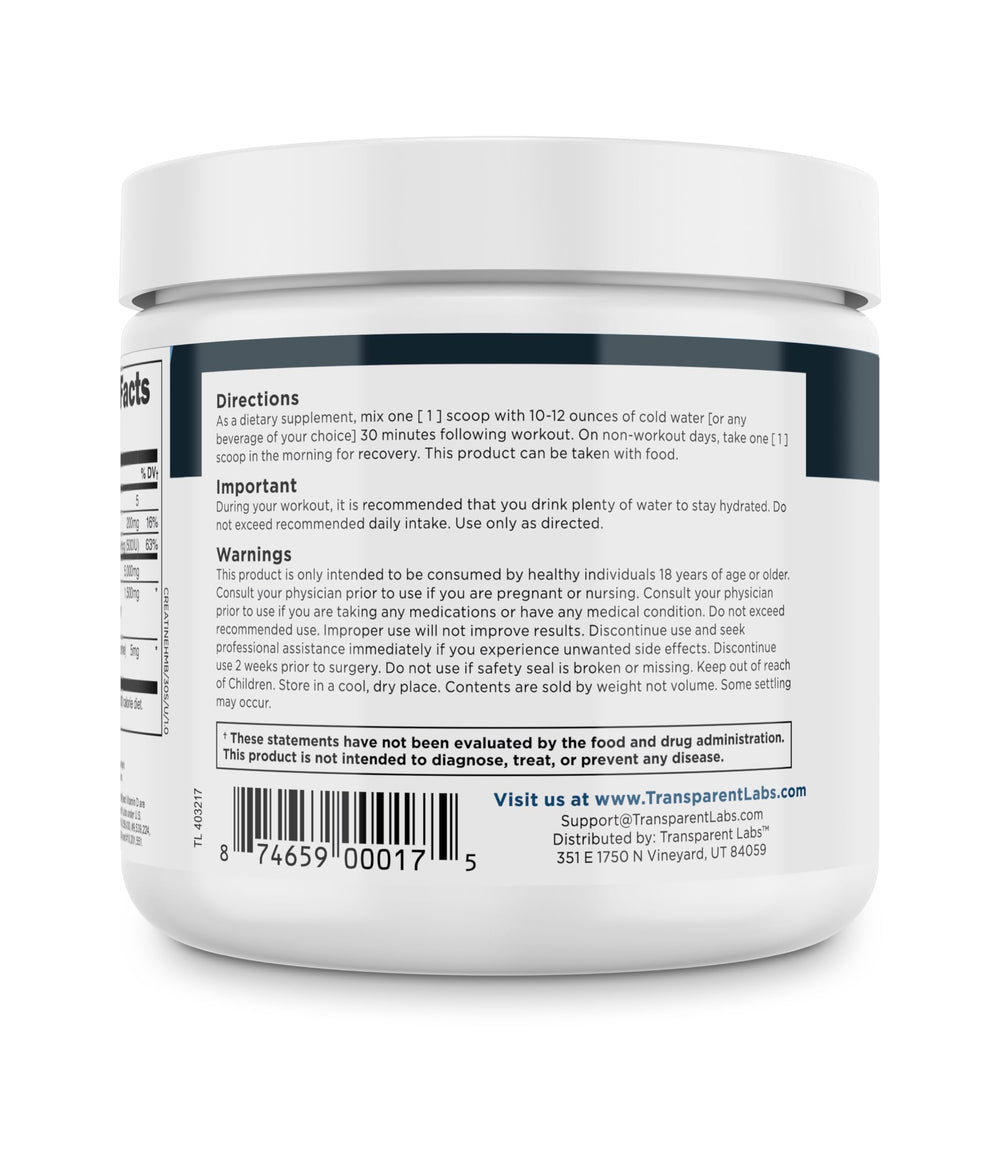 Ingredients list highlights creatine monohydrate and HMB