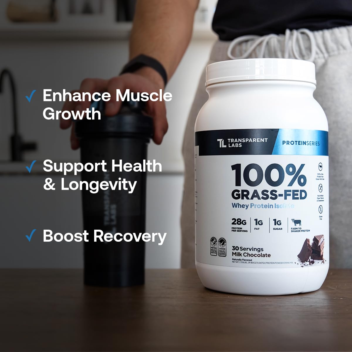 Transparent Labs ingredients close-up near label shows nine essential amino acids.