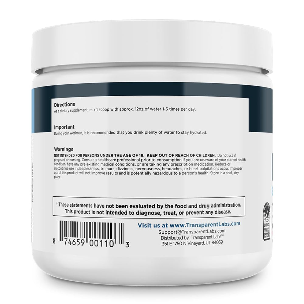 Transparent Labs Hydrate packaging tub displays sugar-free formula.