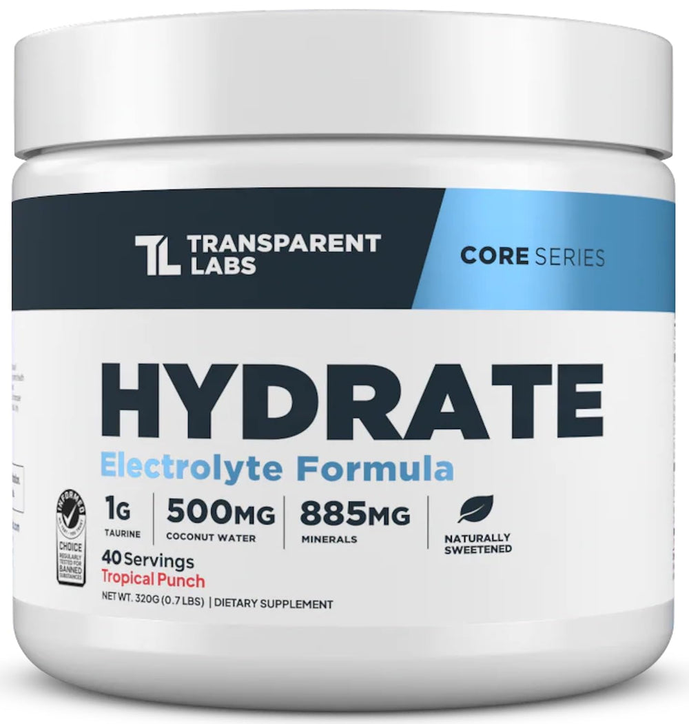 Transparent Labs Hydrate Tropical Punch bottle shown for on-the-go hydration.