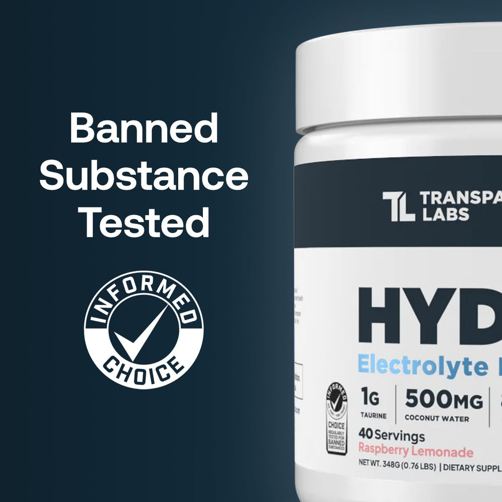 Transparent Labs Hydrate Tropical Punch scoop displaying natural electrolyte blend.