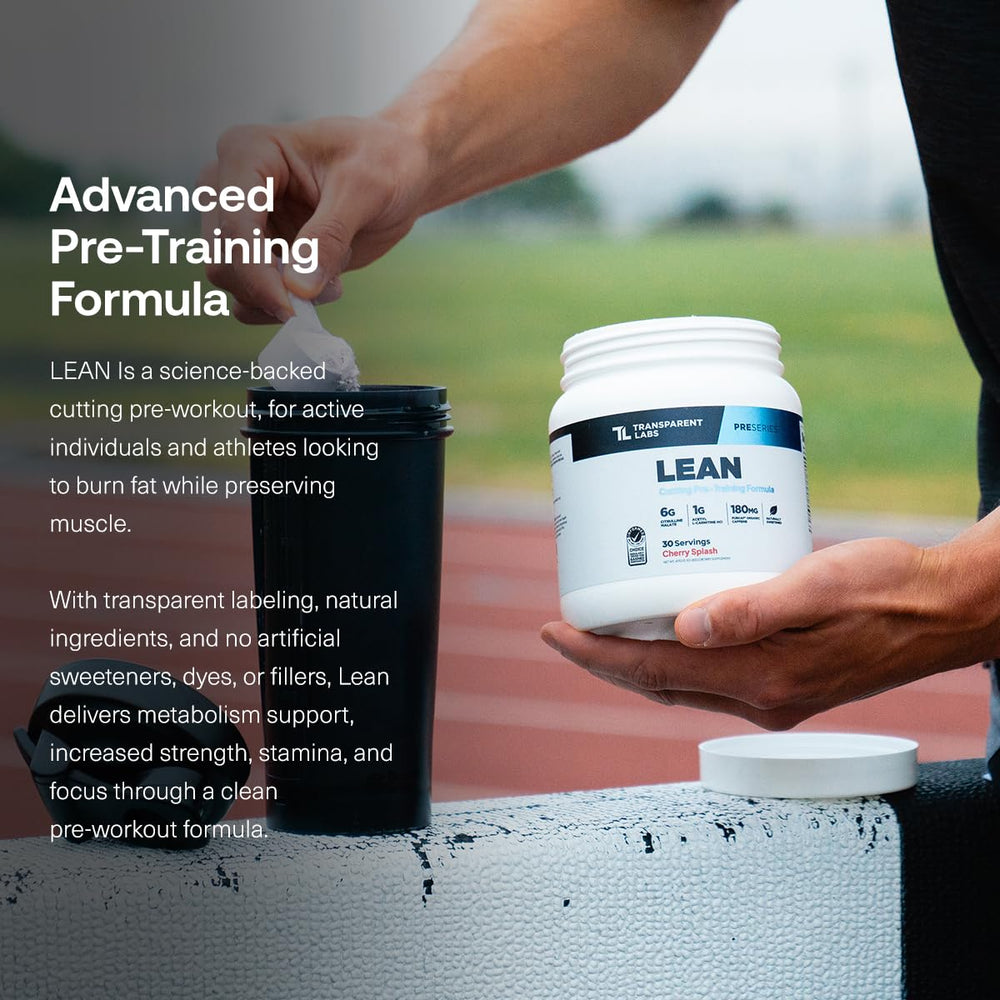 Powder texture of Lean Pre-Workout poured into a shaker for quick mixing