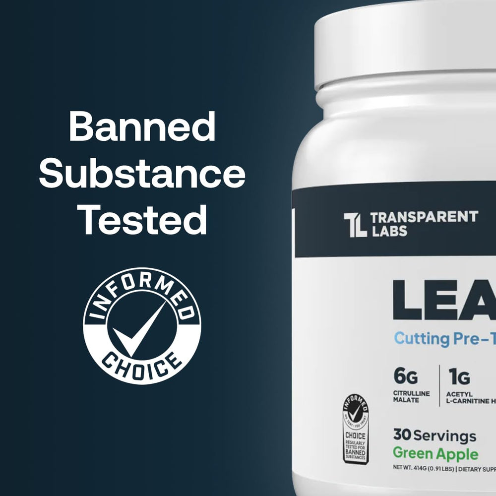 Lean Pre-Workout scoop beside the jar shows precise pre-workout dosing