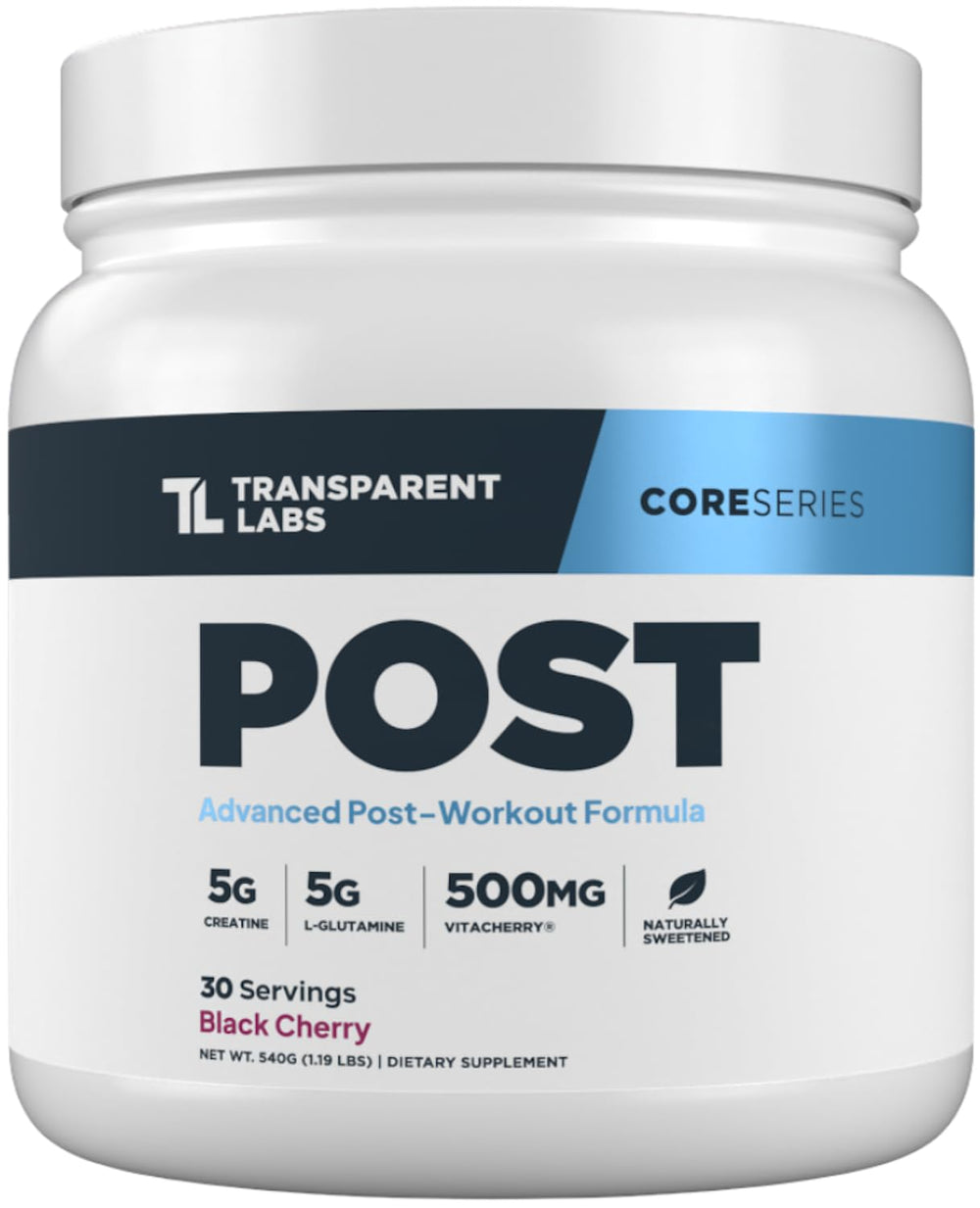 Transparent Labs Post bottle front in Black Cherry flavor for post-workout recovery