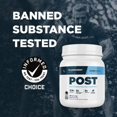Transparent Labs Post bottle label close-up emphasizing third-party testing and purity