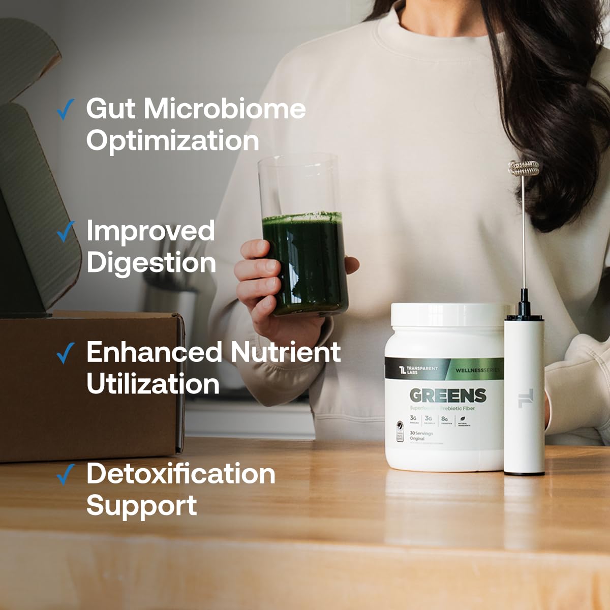 Transparency of ingredients label on Transparent Labs Prebiotic Greens bottle.