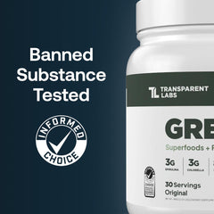 Closeup of Transparent Labs Prebiotic Greens label highlighting clean ingredients.
