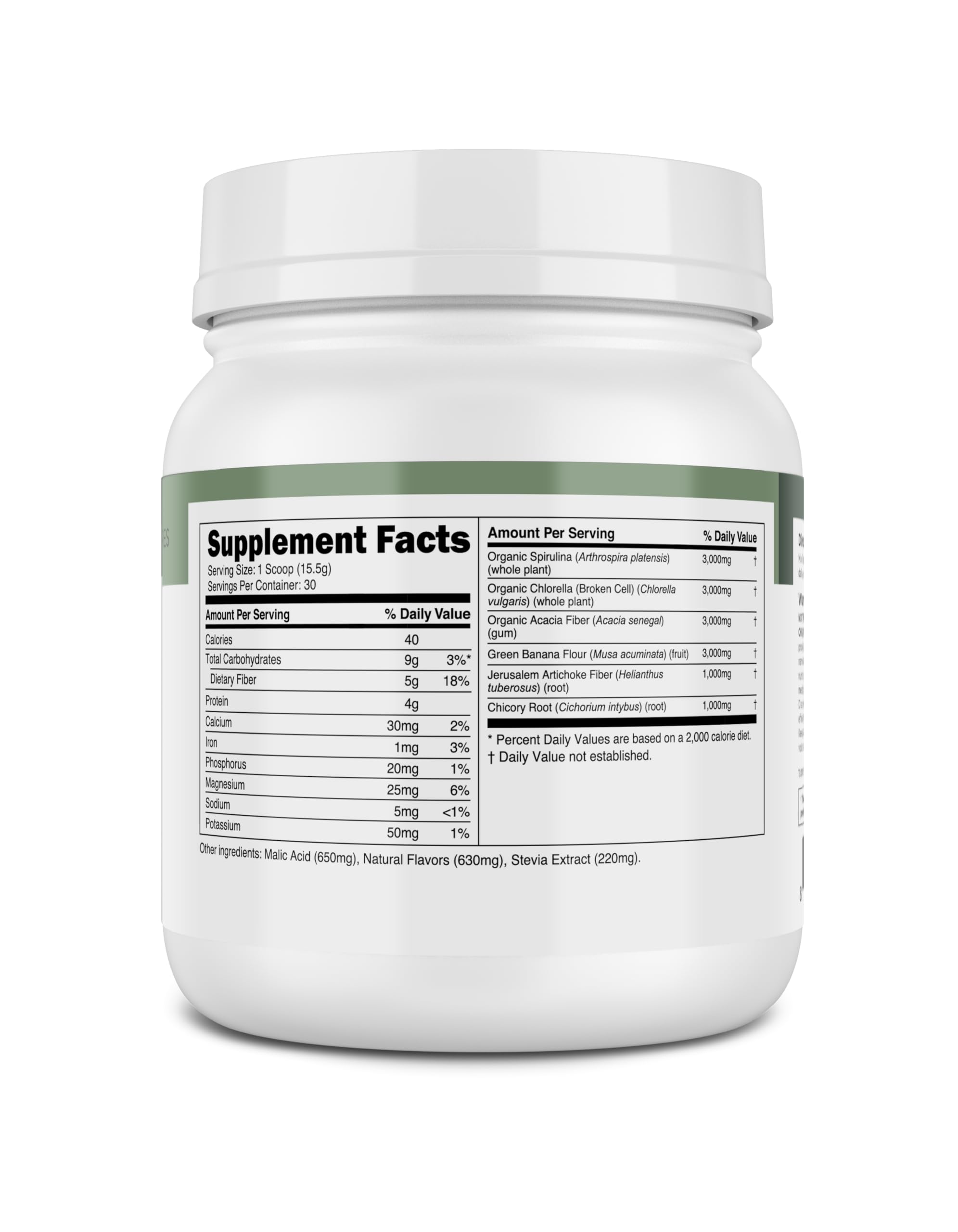 Transparent Labs Prebiotic Greens nutrition facts close-up highlighting micronutrient density.