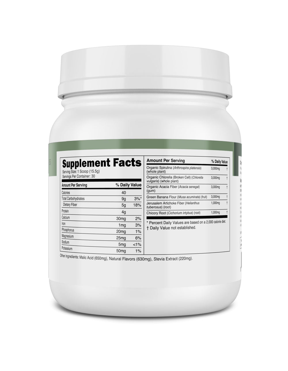 Transparent Labs Prebiotic Greens nutrition facts close-up highlighting micronutrient density.