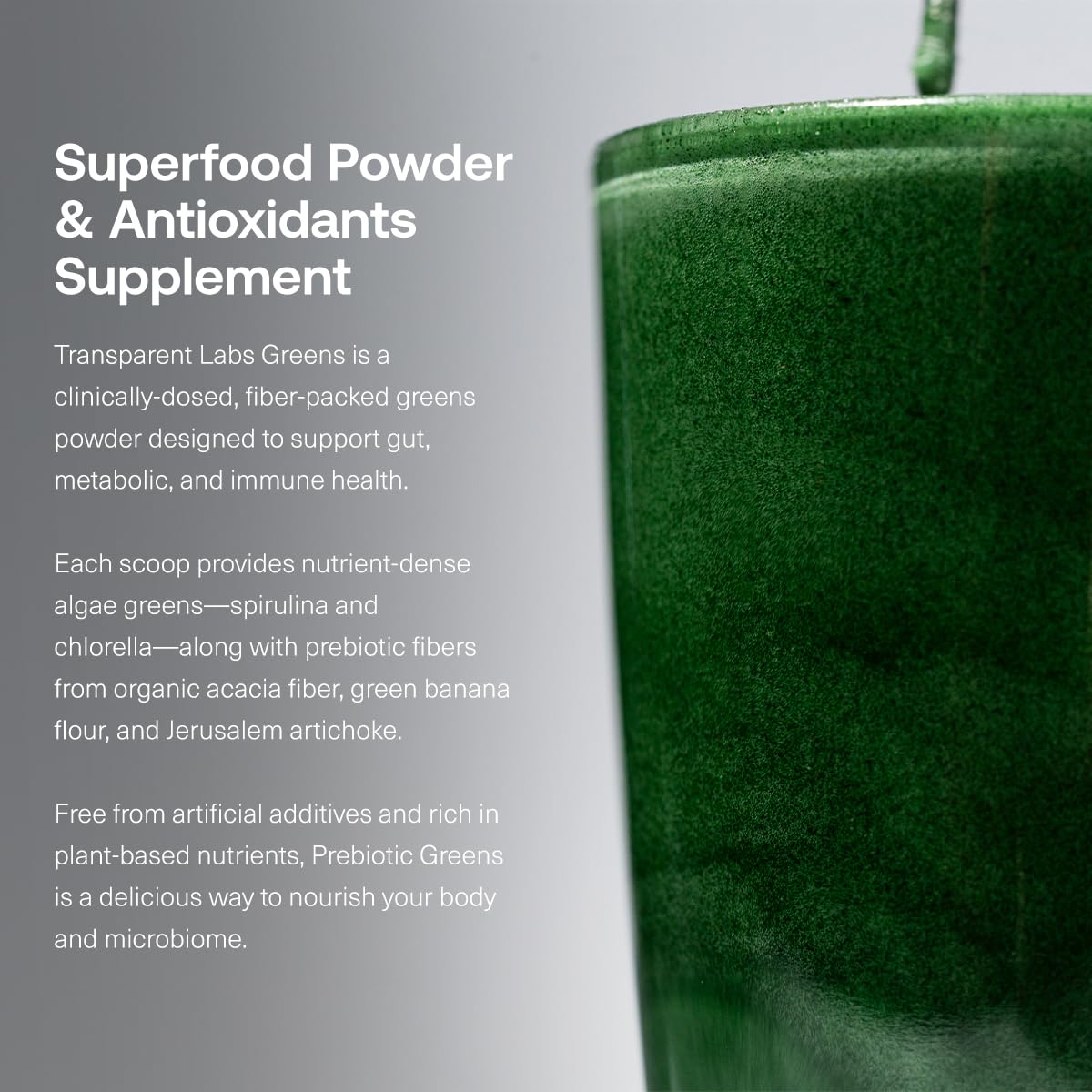 Fine green powder texture from Transparent Labs Prebiotic Greens.