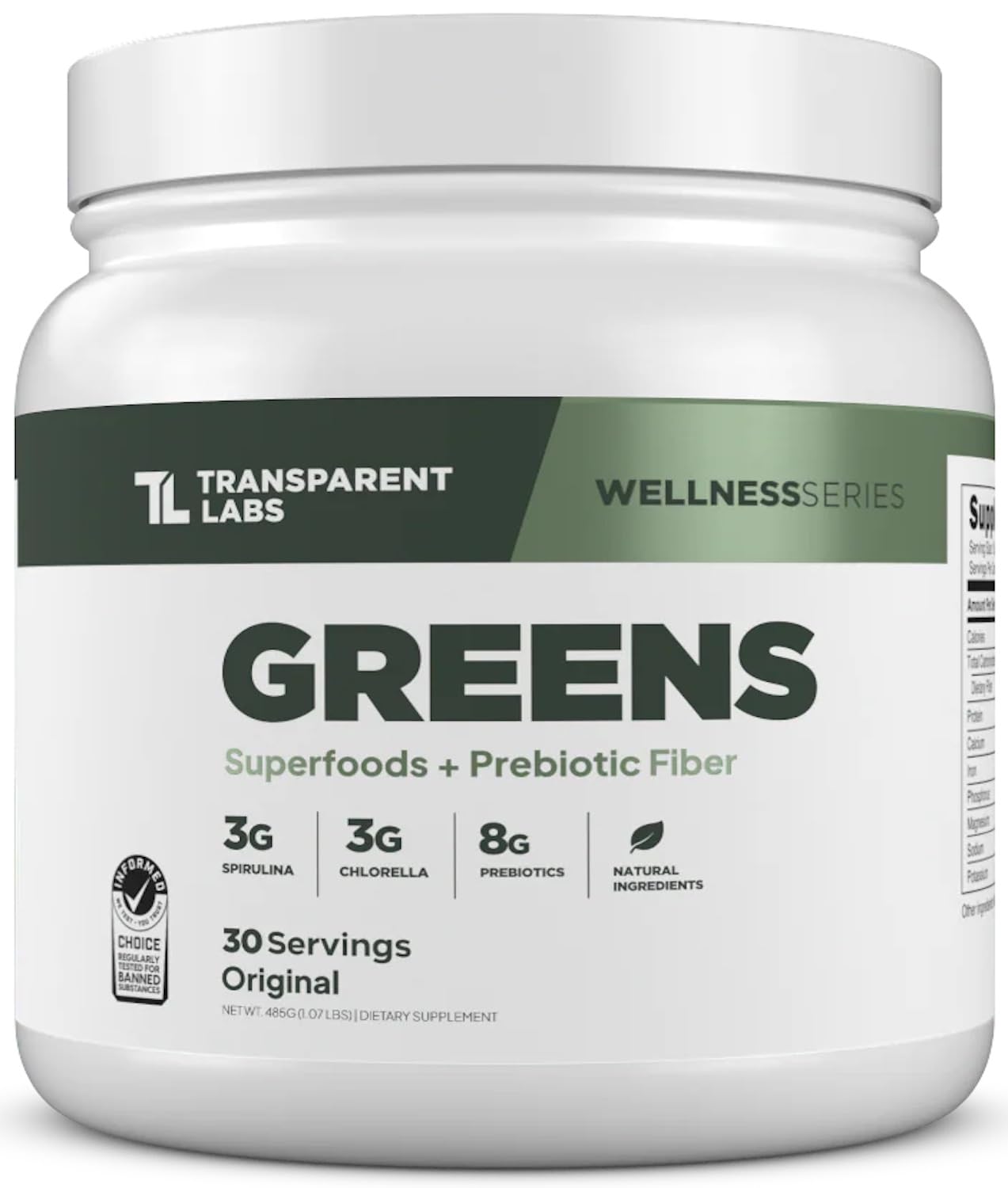 Transparent Labs Prebiotic Greens tub showing powder texture for daily use.