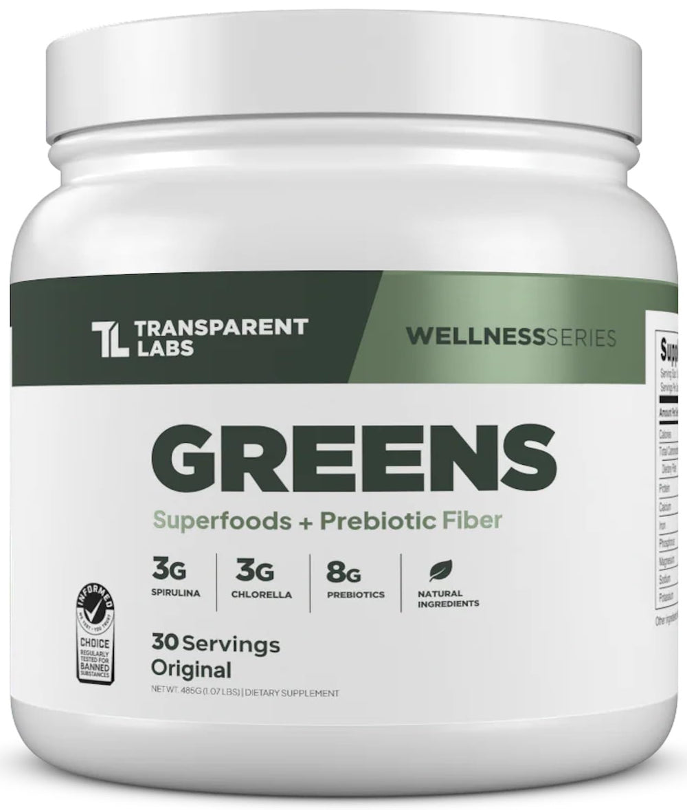 Transparent Labs Prebiotic Greens tub showing powder texture for daily use.