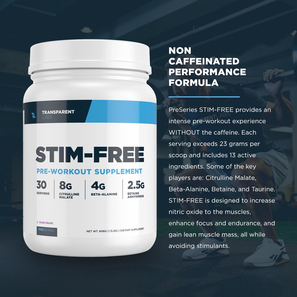 Transparent Labs Stim-Free bottle and scoop show stimulant-free option for cycling off caffeine.
