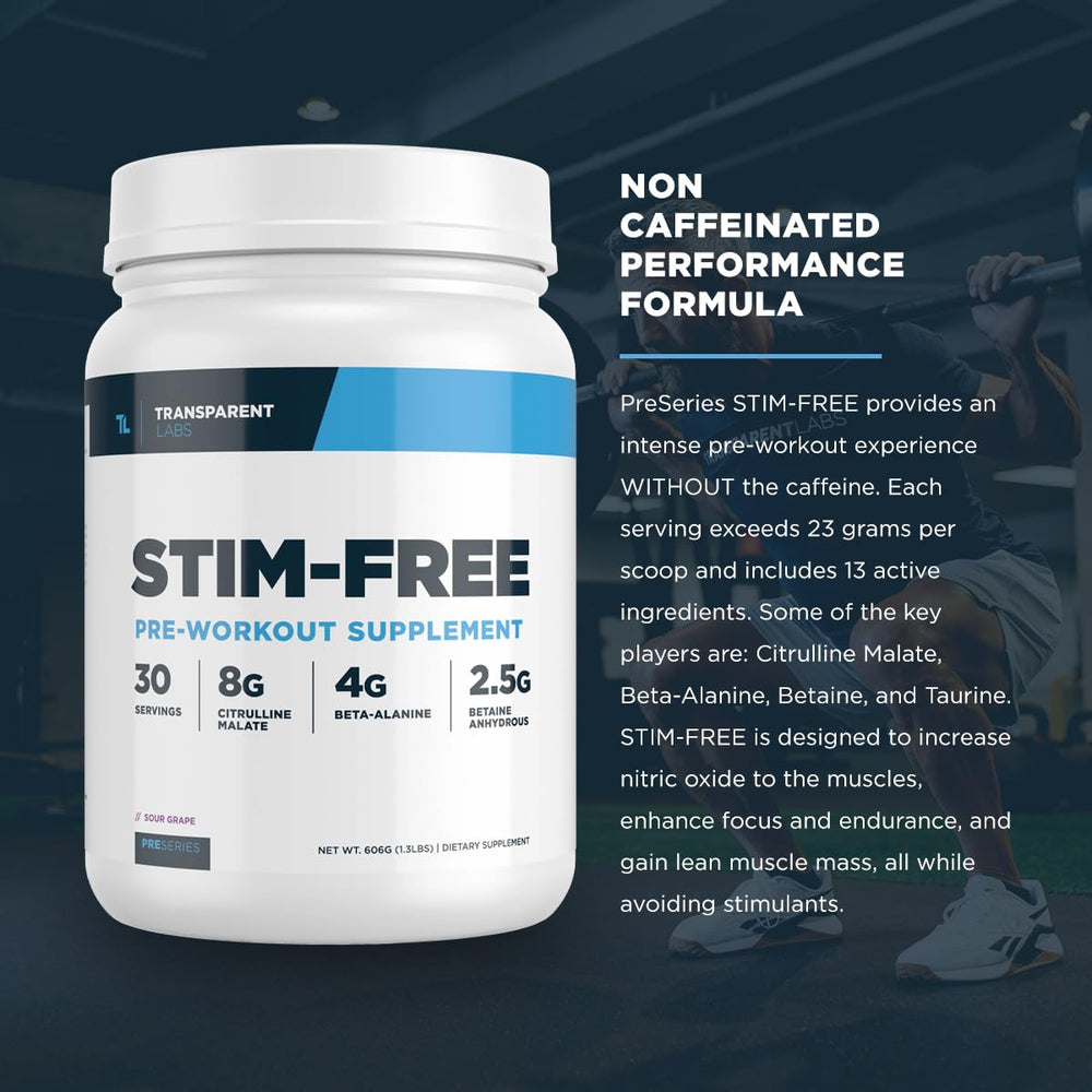 Transparent Labs Stim-Free bottle and scoop show stimulant-free option for cycling off caffeine.
