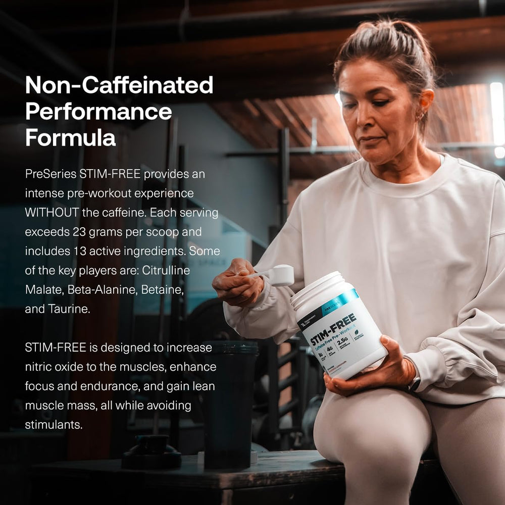 Transparent Labs Stim-Free bottle pouring powder into a glass for a quick mix.