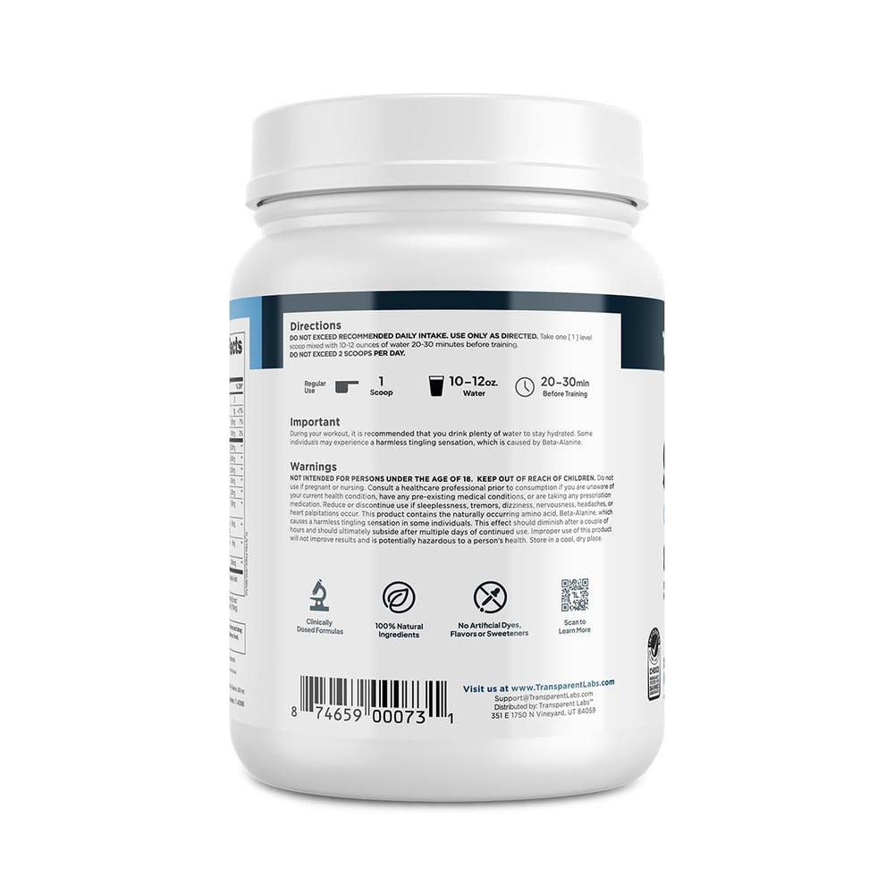 Transparent Labs Stim-Free label transparency highlights no proprietary blends.