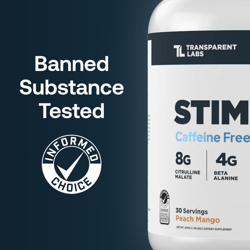 Transparent Labs Stim-Free Pre-Workout bottle highlighting caffeine-free design for stimulant-free sessions.