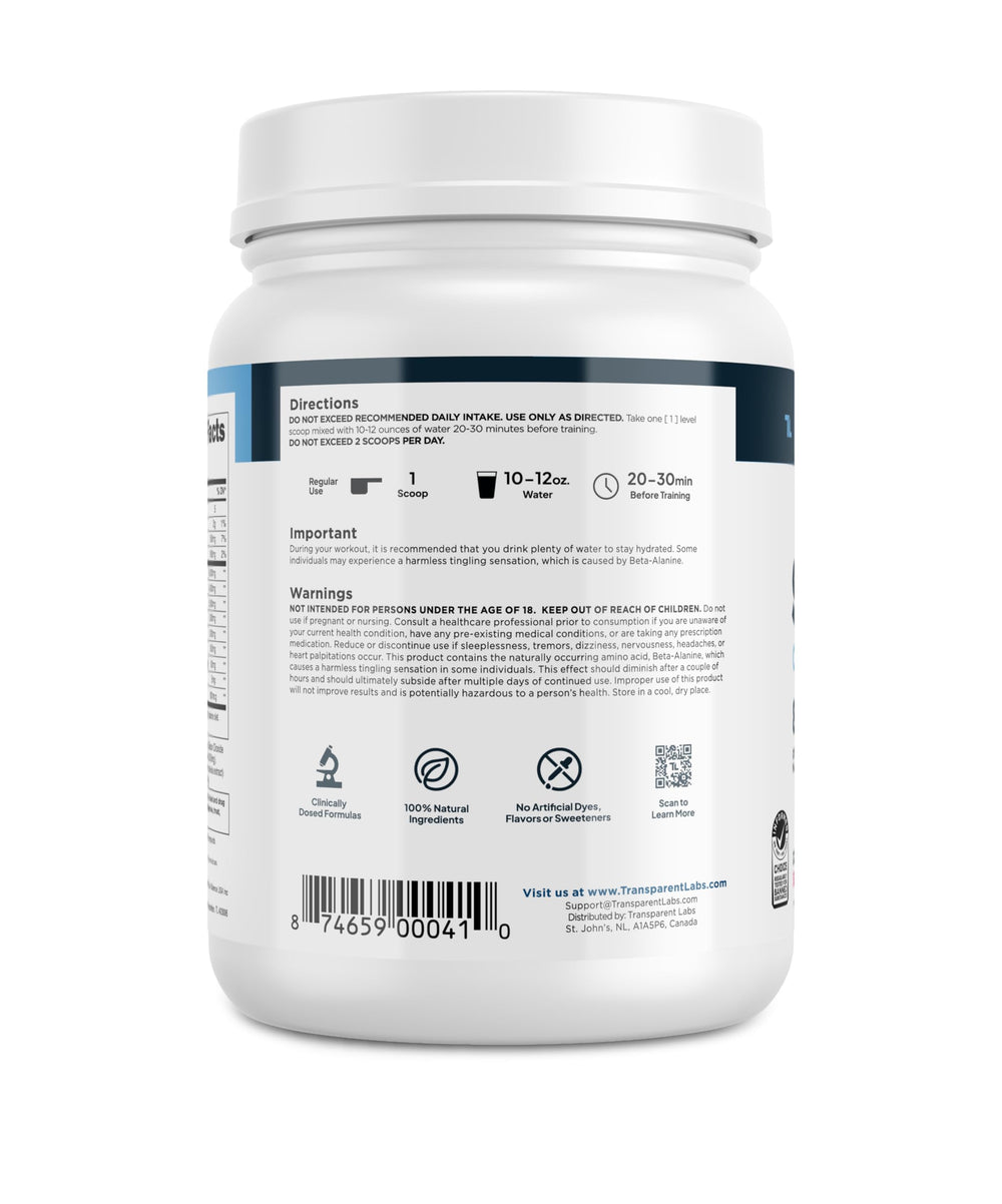 Transparent Labs Stim-Free batch information panel emphasizes transparent labeling for informed choice.