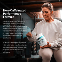 Transparent Labs Stim-Free powder dissolving in water reveals rich strawberry lemonade flavor.