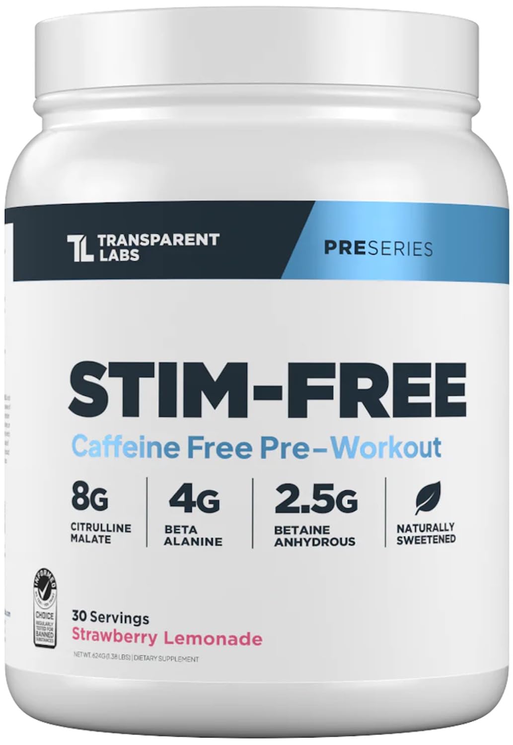 Transparent Labs Stim-Free Pre-Workout scoop in strawberry lemonade for clean, natural pumps.