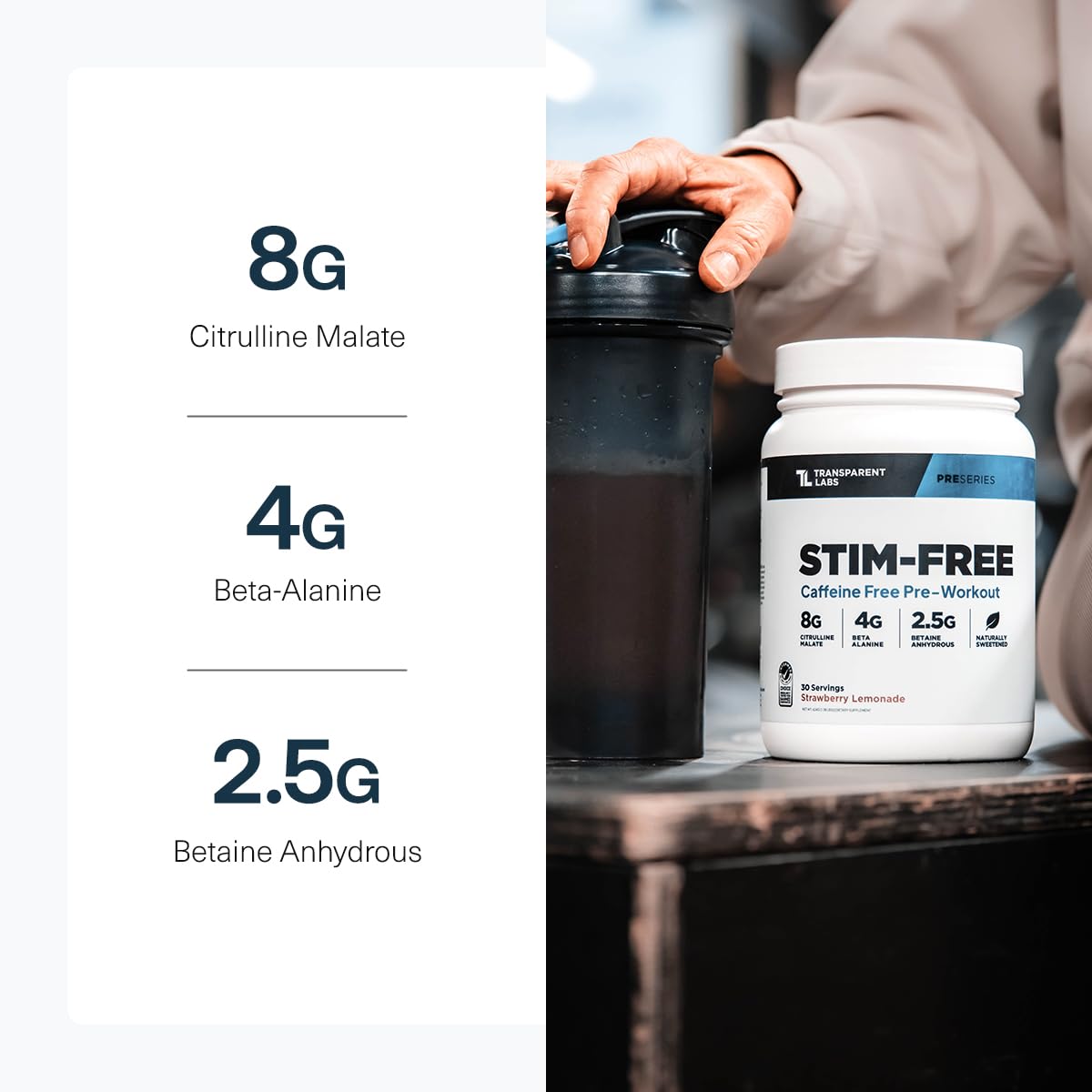 Transparent Labs Stim-Free label close-up highlights 13 active ingredients for transparency.