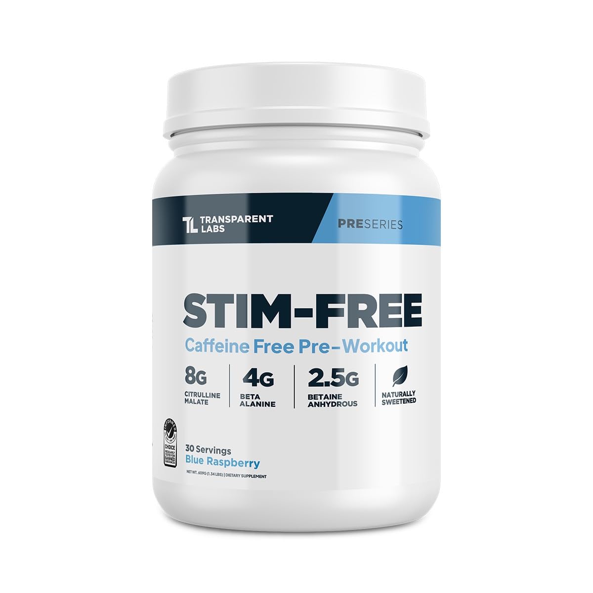 Transparent Labs Stim-Free Pre-Workout blue raspberry bottle highlights caffeine-free focus.