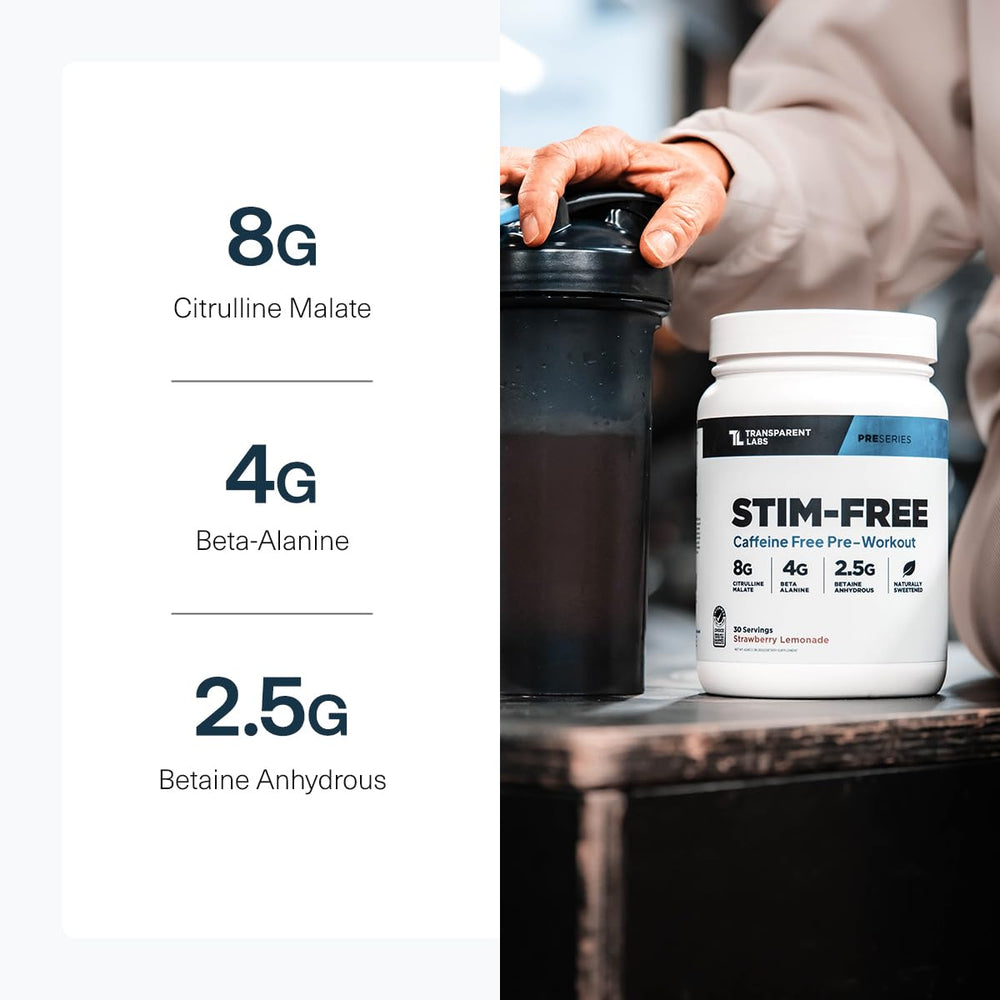 Transparent Labs Stim-Free tub top with transparent label and brand details.