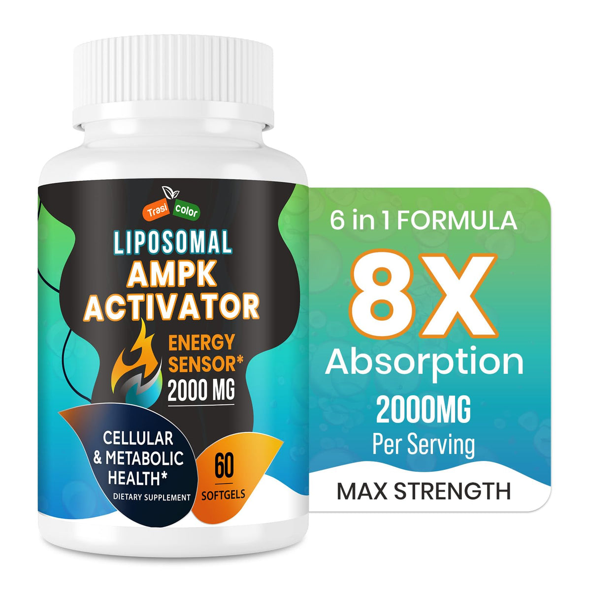Trasicolor AMPK Activator bottle with softgels for energy balance and cellular support.