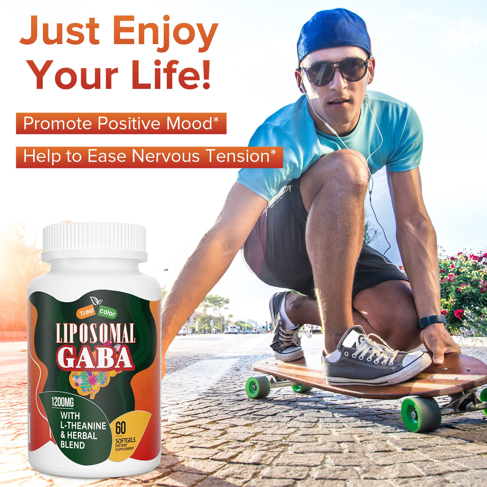 Trasicolor liposomal GABA softgel bottle side label detail for easy on-the-go use.