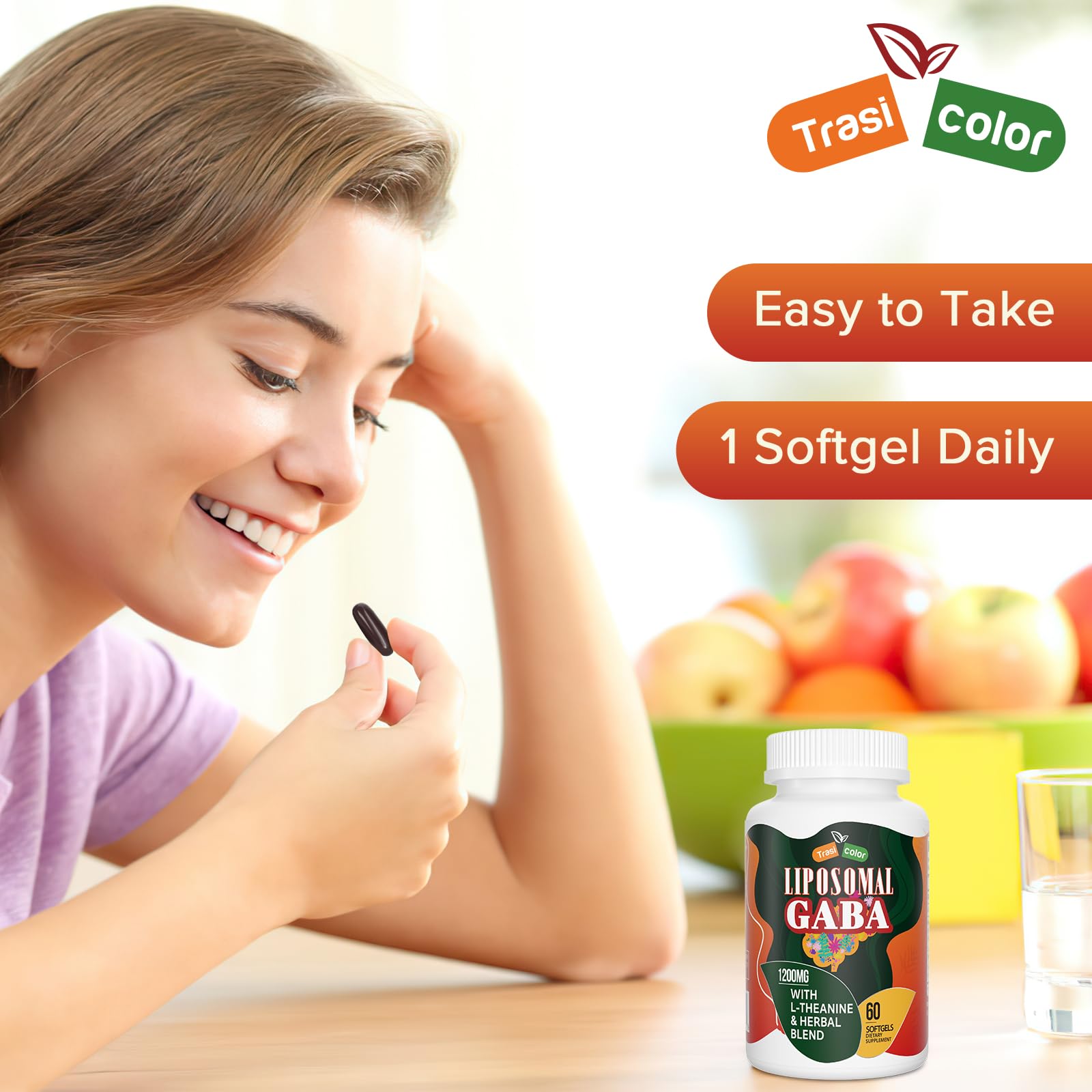 Trasicolor Liposomal GABA packaging on display for wellness routine