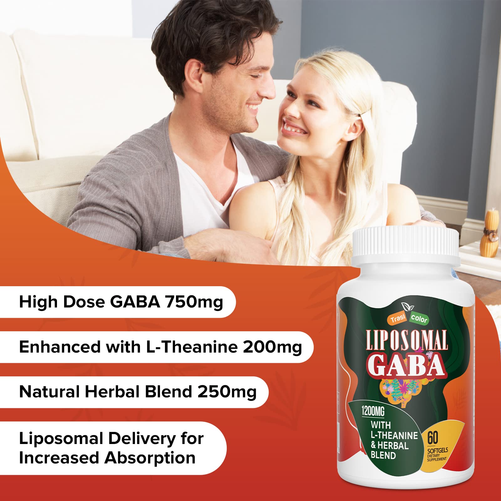 Trasicolor Liposomal GABA softgels in bottle highlighting easy swallowing