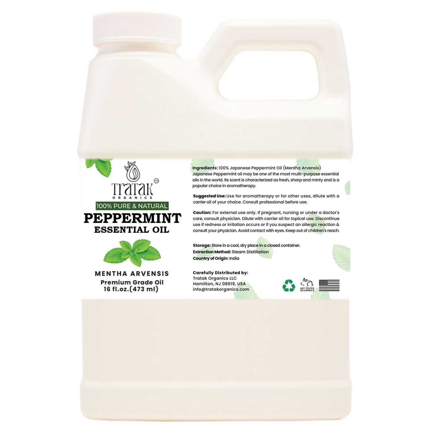 TRATAK ORGANICS peppermint oil bottle showing premium 16 oz container for diffusers and blends.