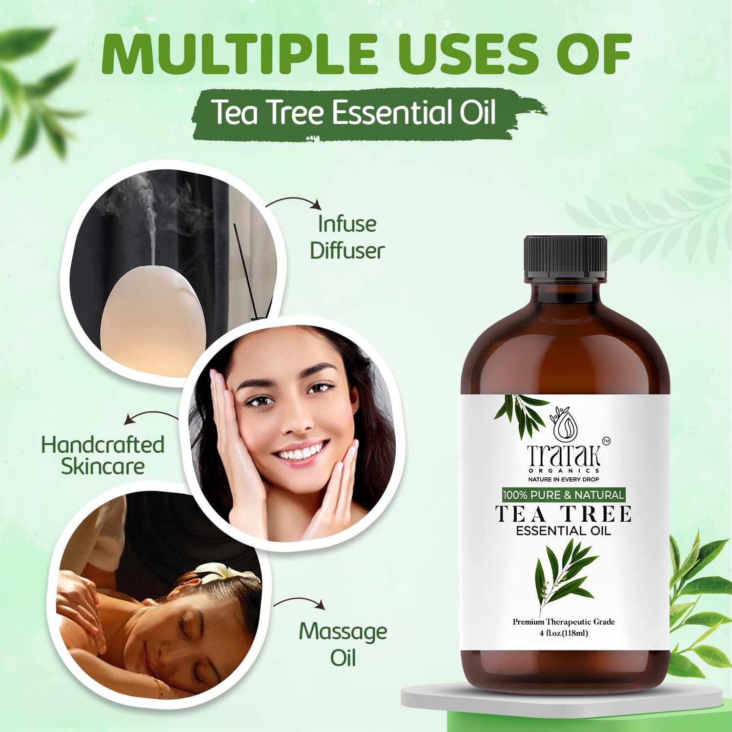 Relaxing bath scene with TRATAK ORGANICS Tea Tree Oil enhancing ambiance.
