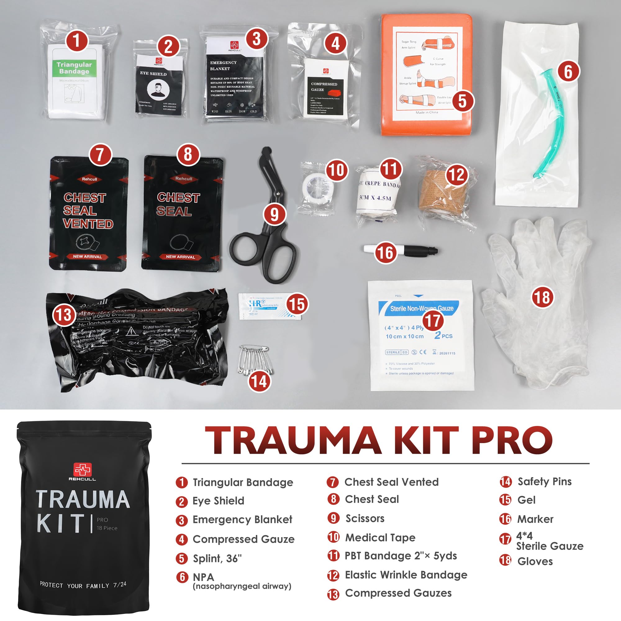 Trauma Kit Compact IFAK vented chest seal for chest wound care and airway support.