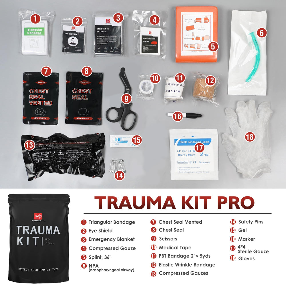 Trauma Kit Compact IFAK vented chest seal for chest wound care and airway support.