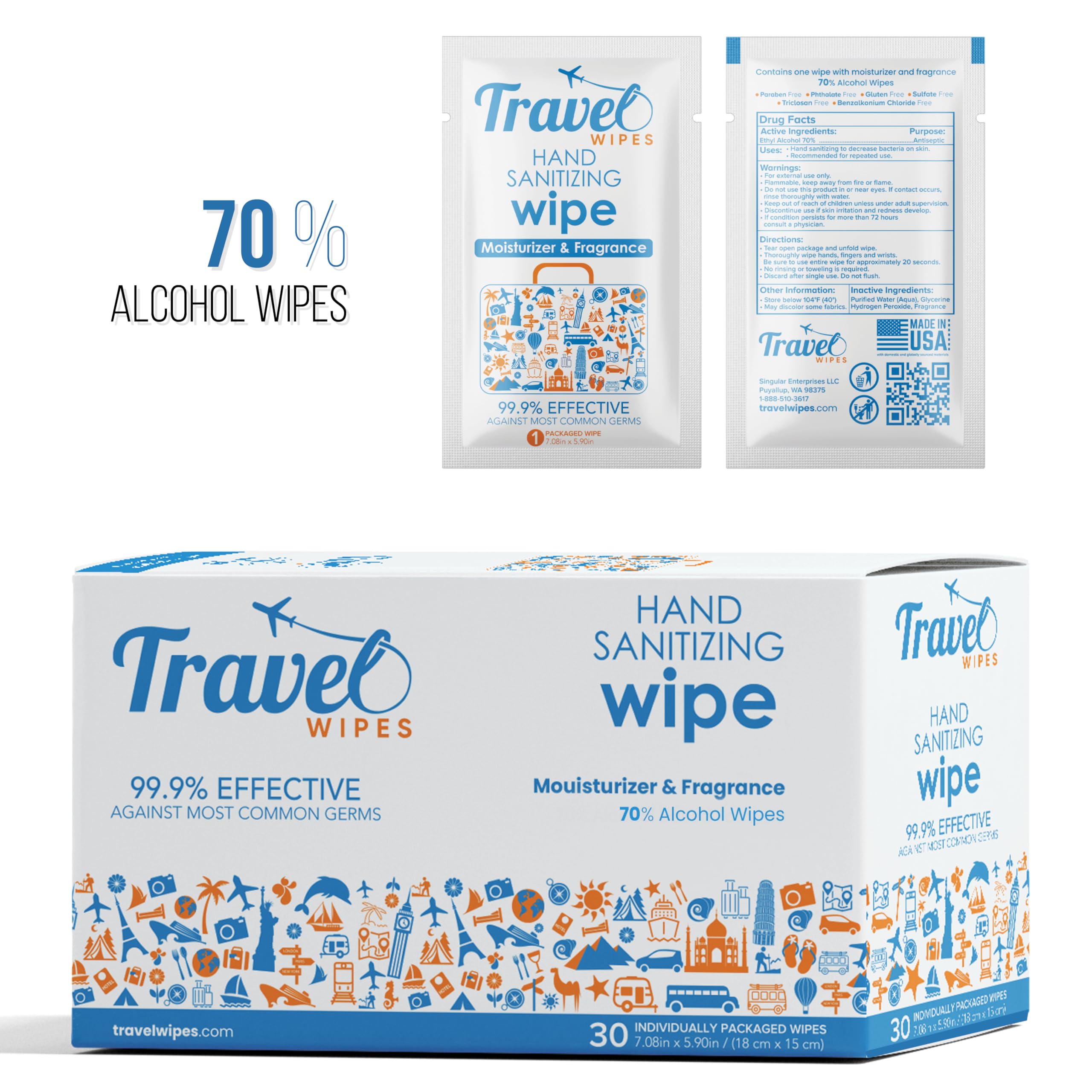 Travel Wipes 30-count pack, compact and portable for travel.