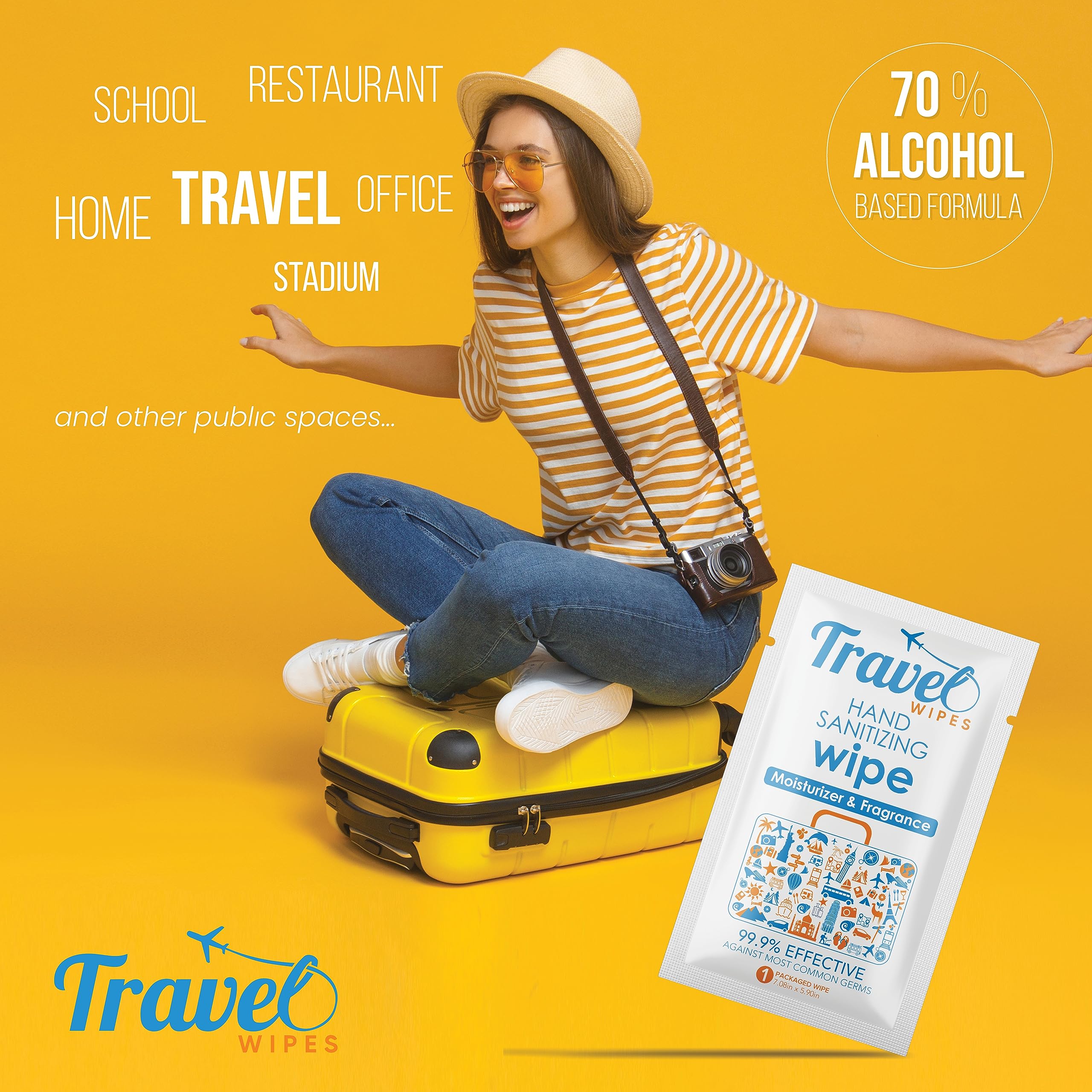 Travel Wipes 70% alcohol formula for strong sanitizing power.