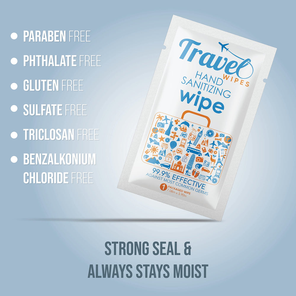 Travel Wipes 70 percent isopropyl alcohol for quick sanitizing anywhere.